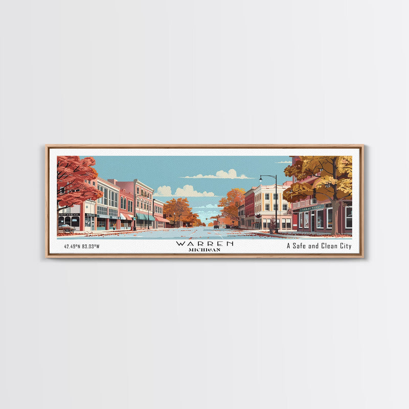 Warren Michigan Panoramic Painting, Mid Century Modern Framed Canvas Print, Retro Pop Art Travel Poster, Office Wall Art, Home Decoration