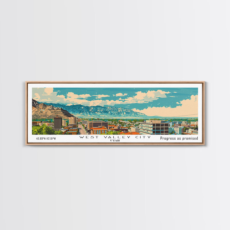 West Valley City Utah Panoramic Painting, Mid Century Modern Framed Canvas Print, Retro Pop Art Travel Poster, Office Wall Art, Home Decoration