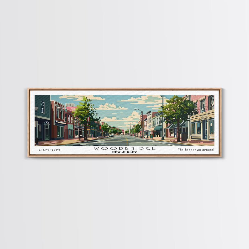 Woodbridge New Jersey Panoramic Painting, Mid Century Modern Framed Canvas Print, Retro Pop Art Travel Poster, Office Wall Art, Home Decoration