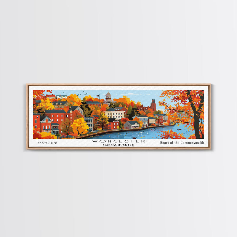 Worcester Massachusetts Panoramic Art, Mid Century Modern Framed Canvas Print, Retro Pop Art Travel Poster, City Print, Living Room Wall Decor