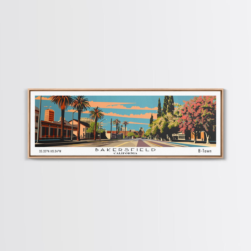 Bakersfield California Panoramic Painting, Framed Canvas Print, Mid Century Modern Wall Art, Retro Pop Art Travel Poster, Living Room Decor, City Art