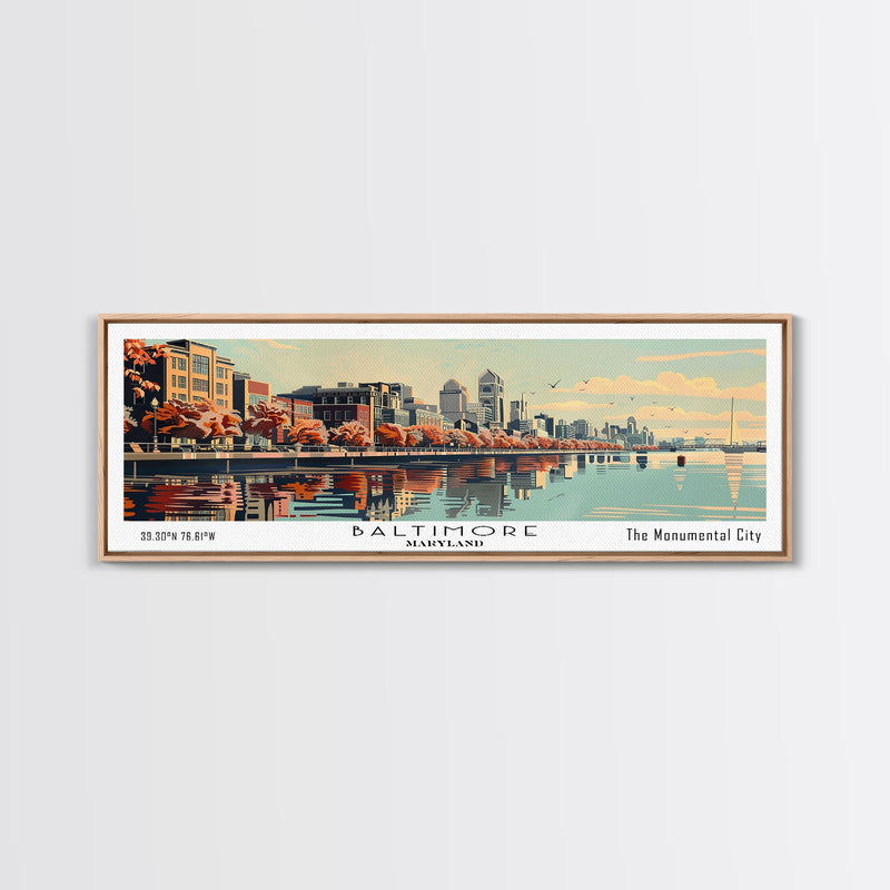 Baltimore Maryland Panoramic Painting, Framed Canvas Print, Mid Century Modern Wall Art, Retro Pop Art Travel Poster, Office Decor, City Art