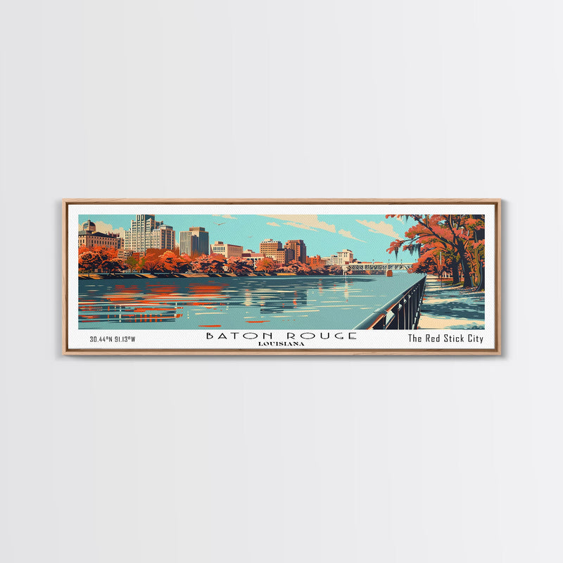 Baton Rouge Louisiana Panoramic Painting, Framed Canvas Print, Mid Century Modern Wall Art, Retro Pop Art Travel Poster, Living Room Decor, City Art