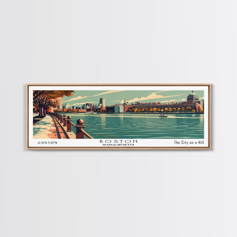 Boston Massachusetts Panoramic Painting, Framed Canvas Print, Mid Century Modern Wall Art, Retro Pop Art Travel Poster, Home Decor, City Art