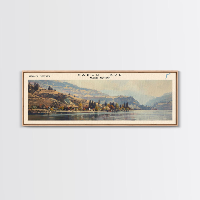 Baker Lake Washington Panoramic Framed Canvas Print, Lake House Art, Boho Decor, Travel Poster, Nature Wall Art, Serene Scene