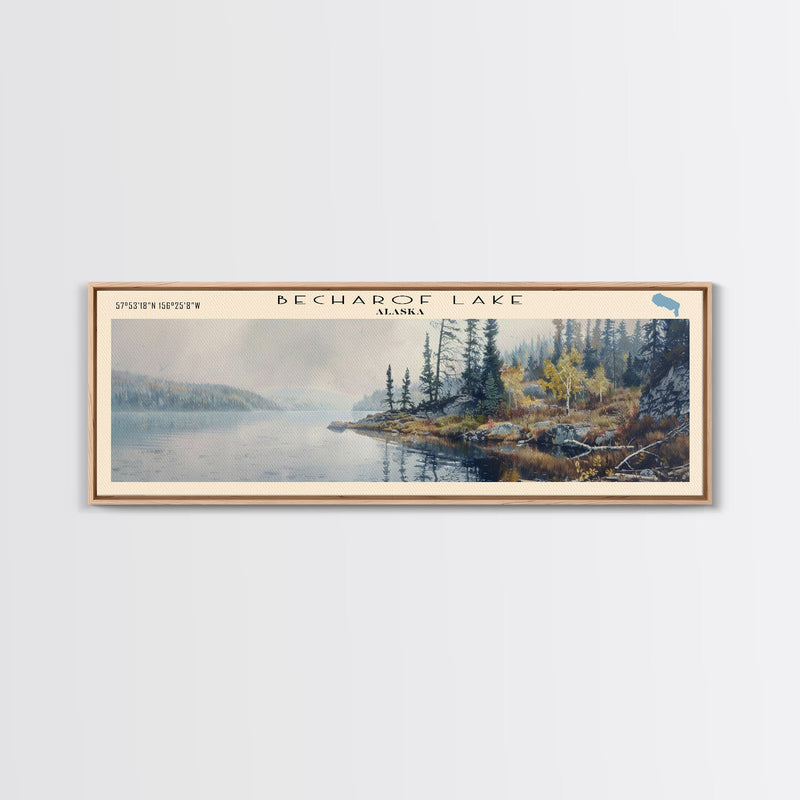 Becharof Lake Panoramic Framed Canvas Print, Lake House Decor, Scenic View, Travel Poster, Modern Art, Nature Scene