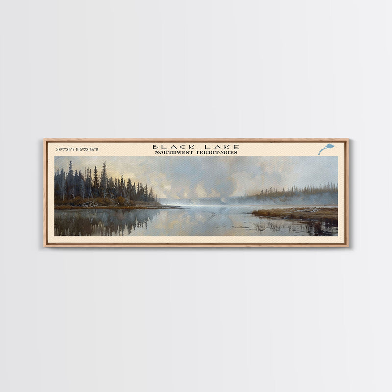 Black Lake Canada Northwest Territories Framed Canvas Print, Panoramic Lake House Art, Scenic View, Travel Poster, Lake Painting