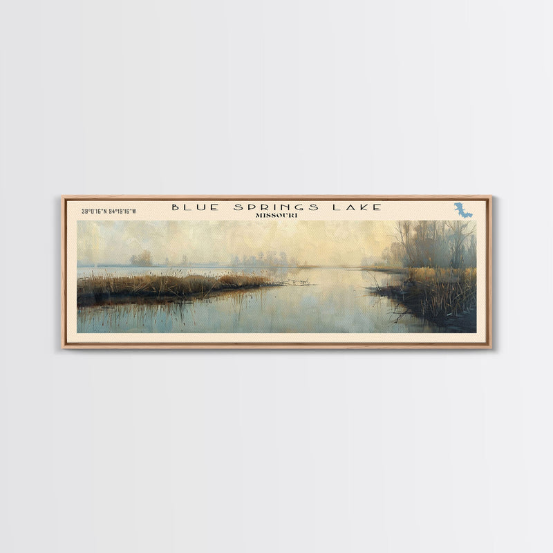 Blue Springs Lake Missouri Framed Canvas Print, Lake House Art, Panoramic Scenic View, Travel Poster, Minimalist Art, Lake Painting