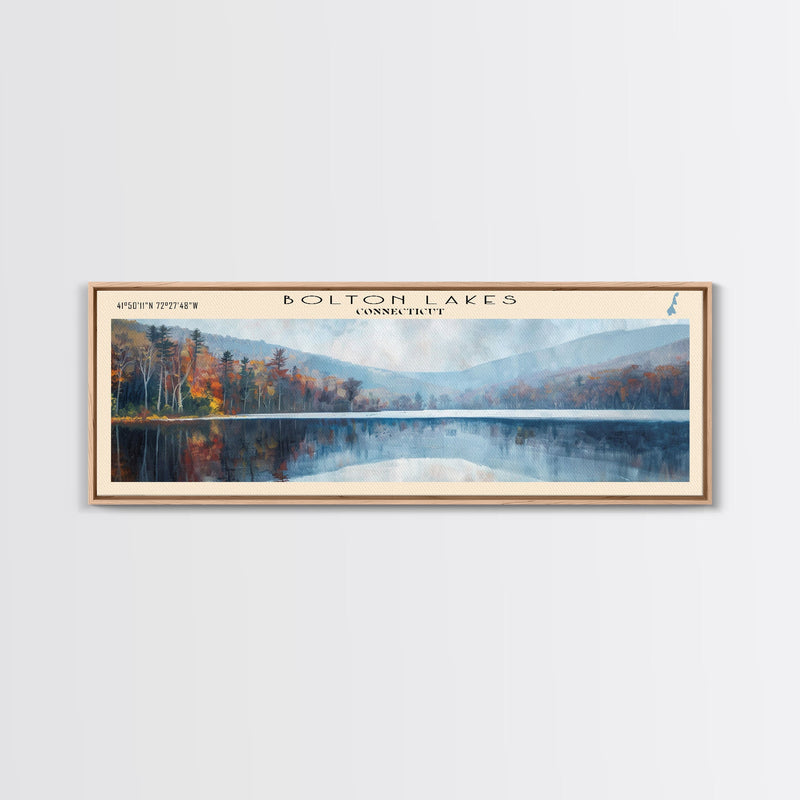 Bolton Lakes Connecticut Framed Canvas Print, Panoramic Lake House Art, Scenic View, Travel Poster, Modern Art, Lake Painting