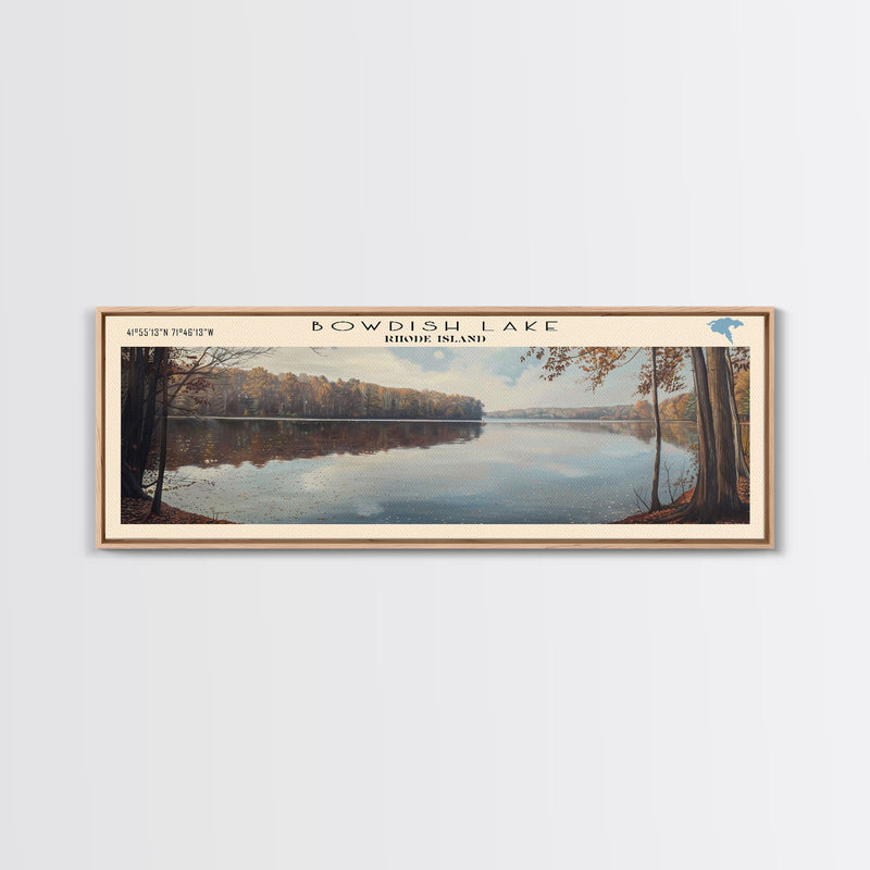 Bowdish Lake Rhode Island Framed Canvas Print, Lake House Art, Panoramic Travel Poster, Wall Art, Modern Lake Painting, Home Decor