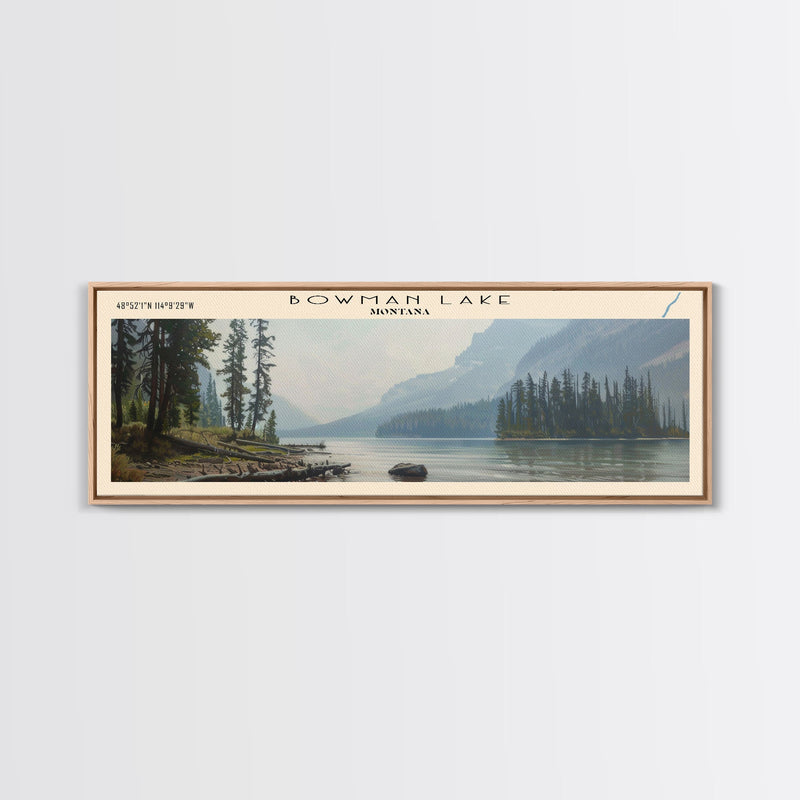 Bowman Lake Montana Framed Canvas Print, Panoramic Lake House Decor, Wall Art, Travel Poster, Rustic Lake Painting, Nature Art