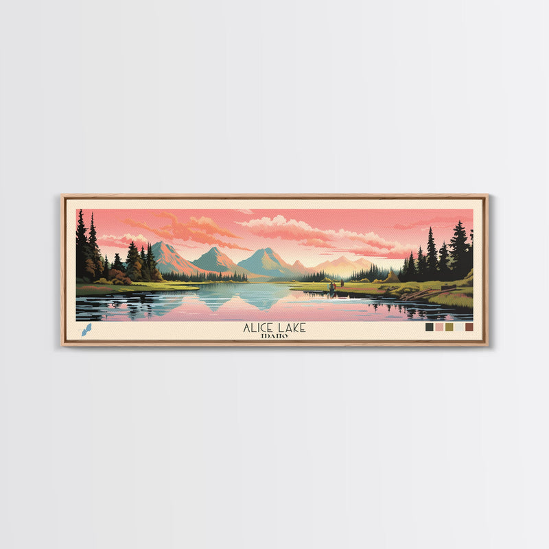 Alice Lake Idaho Framed Canvas Print, Panoramic Wall Art, Midcentury Modern, Pop Art, Travel Poster, Lake House Decor