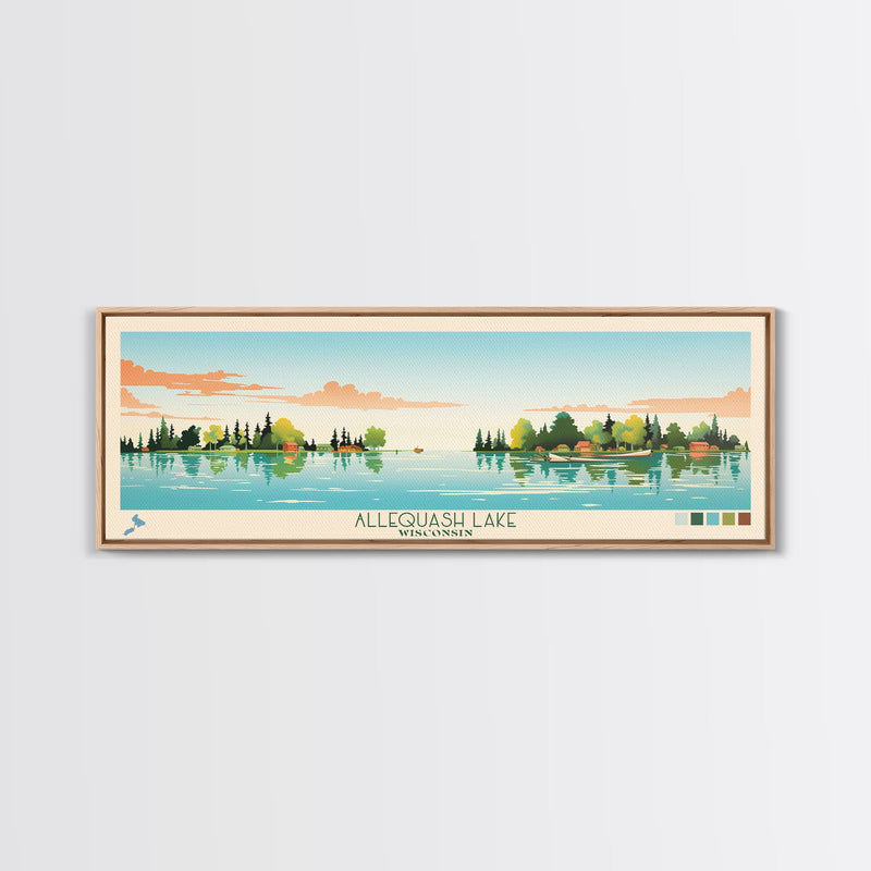 Allequash Lake Wisconsin Framed Canvas Print, Panoramic Wall Art, Midcentury Modern, Pop Art, Travel Poster, Living Room Decor