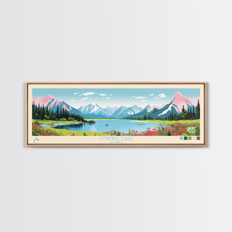 Amanka Lake Alaska Framed Canvas Print, Panoramic Wall Art, Midcentury Modern, Pop Art, Travel Poster, Living Room Art