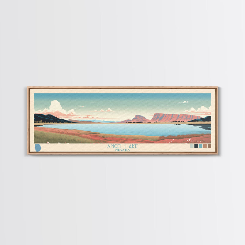 Angel Lake Nevada Framed Canvas Print, Panoramic Wall Art, Midcentury Modern, Pop Art, Travel Poster, Scenic Lake House Art