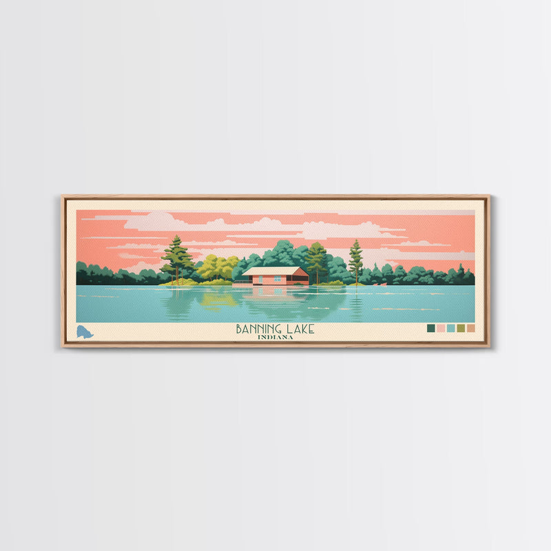 Banning Lake Indiana Framed Canvas Print, Panoramic Travel Poster, Midcentury Modern Wall Art, Pop Art, Bedroom Decor