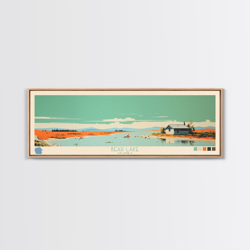 Bear Lake North Slope Alaska Framed Canvas Print, Panoramic Travel Poster, Midcentury Modern Wall Art, Pop Art, Lake House Decor, Nature Art