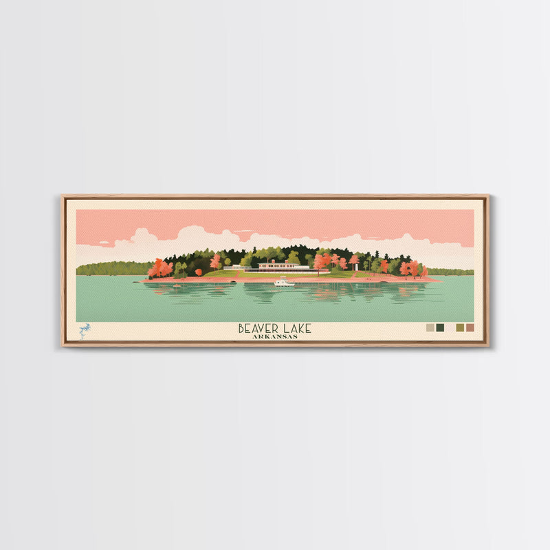 Beaver Lake Arkansas Framed Canvas Print, Panoramic Wall Art, Midcentury Modern, Pop Art, Travel Poster, Scenic Lake House Art, Bedroom Decor