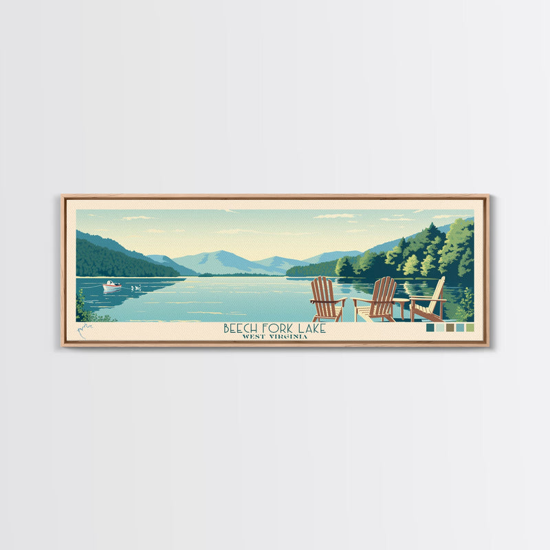 Beech Fork Lake West Virginia Framed Canvas Print, Panoramic Wall Art, Midcentury Modern, Pop Art, Travel Poster, Scenic Lake House Decor, Bedroom Art