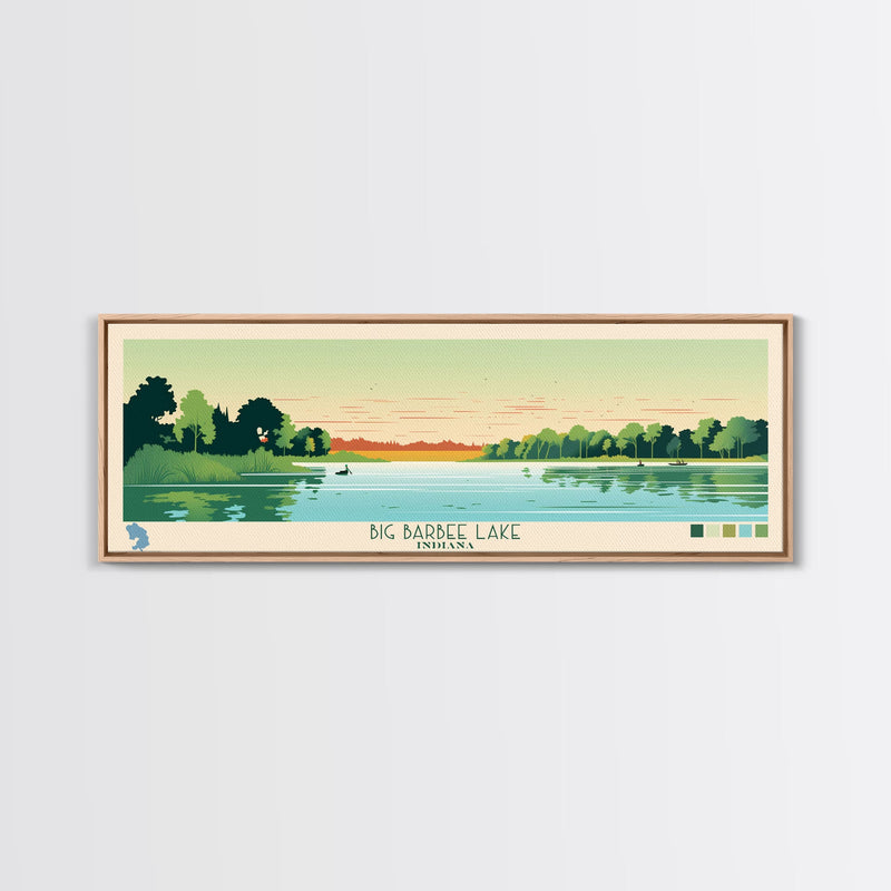 Big Barbee Lake Indiana Framed Canvas Print, Panoramic Travel Poster, Midcentury Modern Wall Art, Pop Art, Nature Living Room Art, Lake House Decor