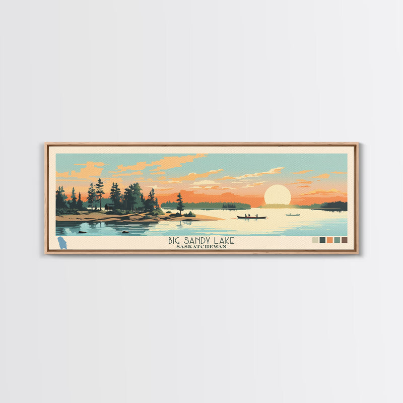 Big Sandy Lake Saskatchewan Framed Canvas Print, Panoramic Travel Poster, Midcentury Modern Wall Art, Pop Art, Lake House Decor, Nature Art