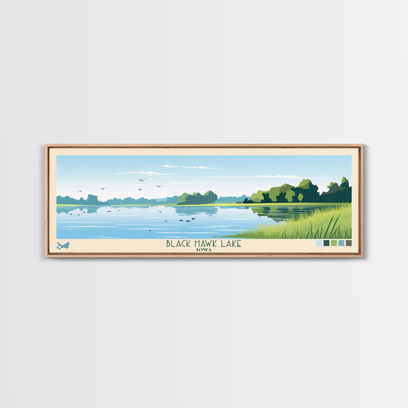 Black Hawk Lake Iowa Framed Canvas Print, Panoramic Travel Poster, Midcentury Modern Wall Art, Pop Art, Nature Bedroom Art, Scenic Lake House Decor