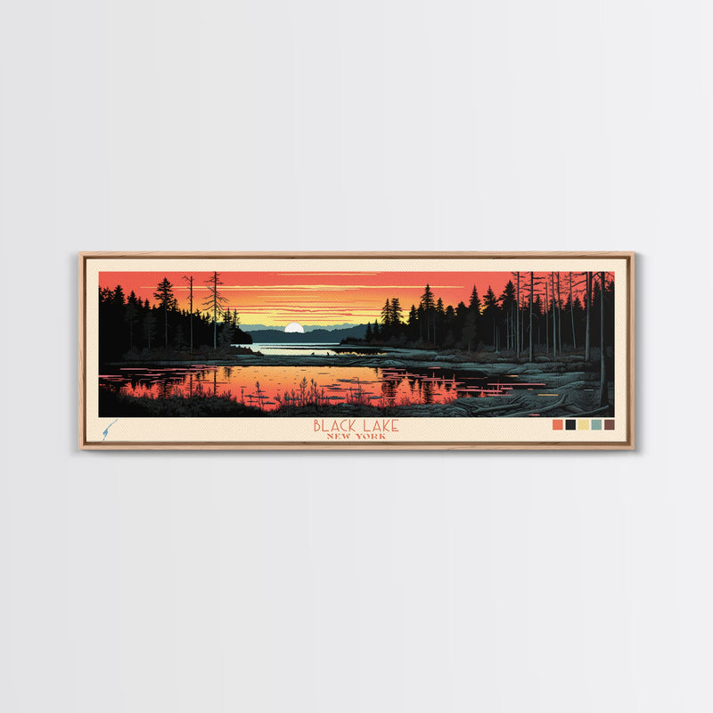 Black Lake New York Framed Canvas Print, Panoramic Wall Art, Midcentury Modern, Pop Art, Travel Poster, Scenic Living Room Art, Lake House Decor