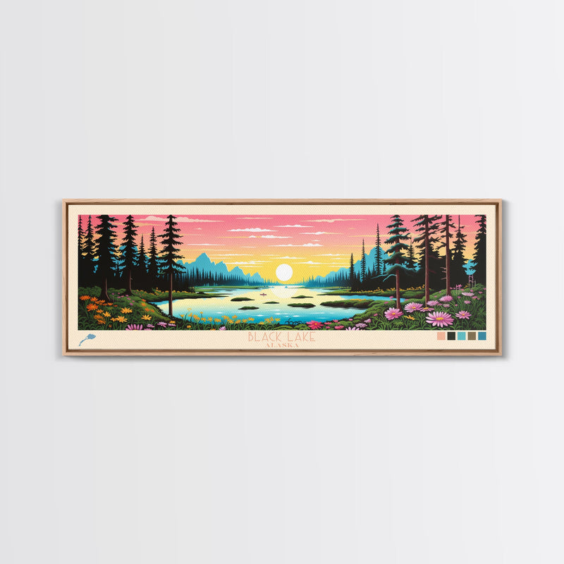 Black Lake Southwest Alaska Framed Canvas Print, Panoramic Travel Poster, Midcentury Modern Wall Art, Pop Art, Nature Bedroom Decor, Scenic Lake House Art