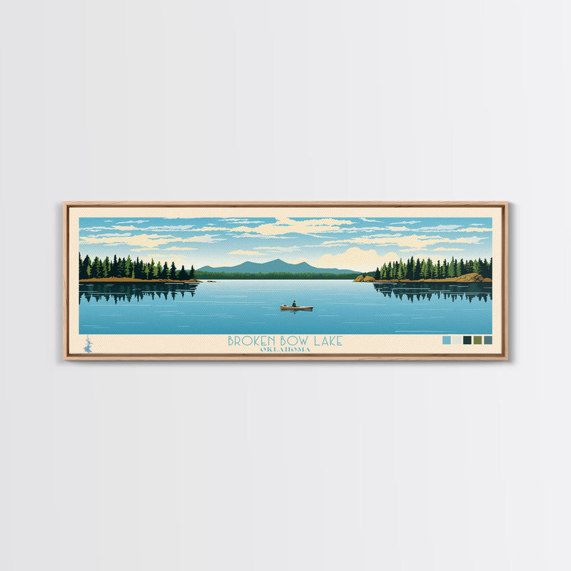 Broken Bow Lake Oklahoma Framed Canvas Print, Pop Art Panoramic Travel Poster, Midcentury Modern, Wall Art, Scenic Nature Painting, Bedroom Decor