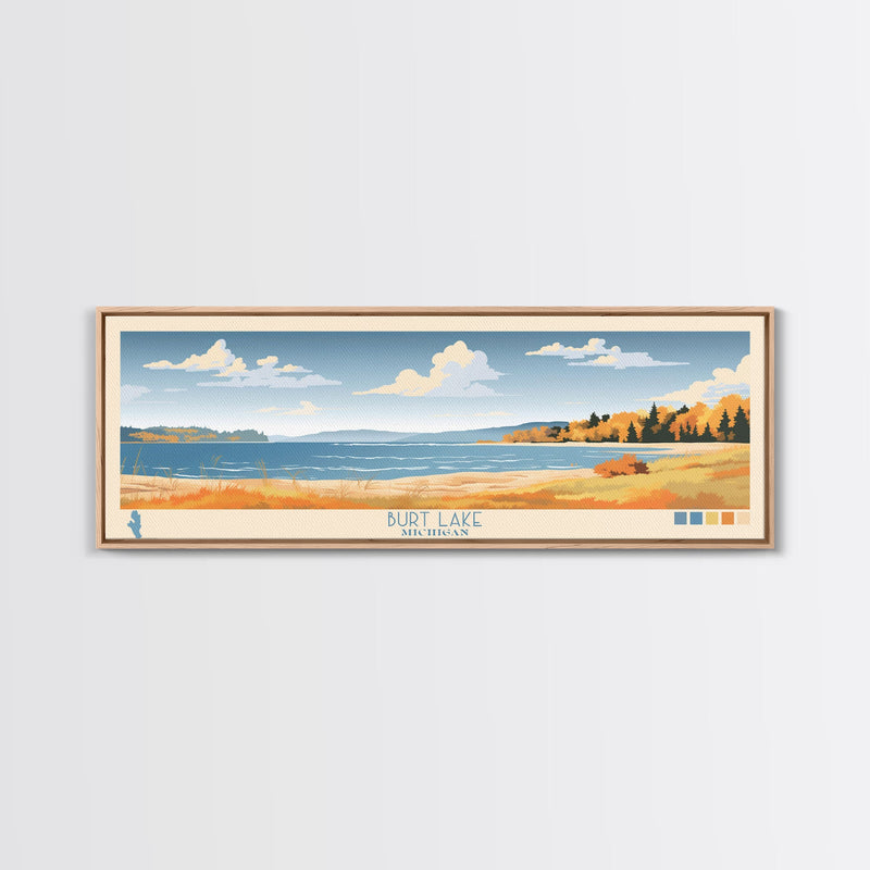 Burt Lake Michigan Framed Canvas Print, Pop Art Panoramic Travel Poster, Midcentury Modern, Wall Art, Scenic Nature Painting, Bedroom Decor