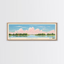 Coralville Lake Iowa Framed Canvas Print, Midcentury Modern Panoramic Wall Art, Living Room Decor, Pop Art, Travel Poster Art, Scenic Nature Painting, Lake House Decor