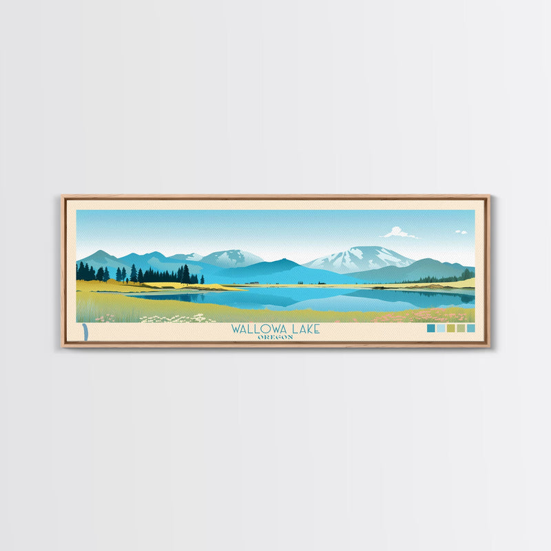 Wallowa Lake, Oregon Framed Canvas Print, Panoramic Lake House Art, Midcentury Modern Decor, Pop Art, Travel Poster, Living Room Wall Art