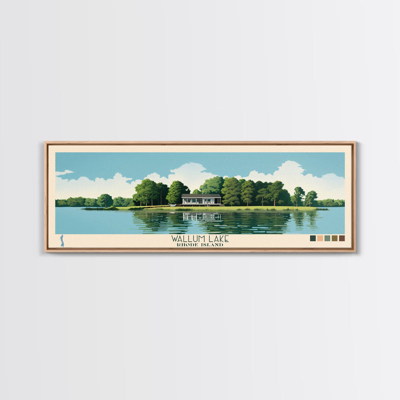 Wallum Lake, Rhode Island Framed Canvas Print, Panoramic Lake House Decor, Midcentury Modern Art, Pop Art, Travel Poster, Bedroom Wall Art