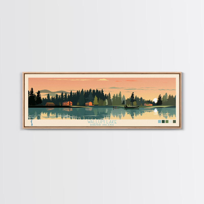 Wallum Lake, Rhode Island Framed Canvas Print, Panoramic Lake House Art, Midcentury Modern Decor, Pop Art, Travel Poster, Living Room Wall Art