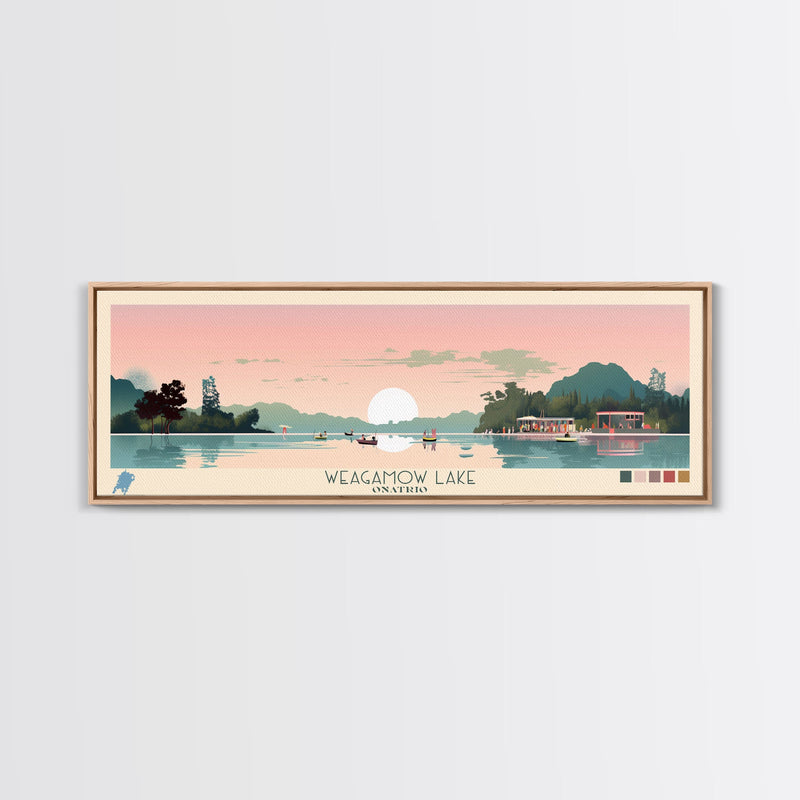 Weagamow Lake, Ontario Panoramic Framed Canvas Print, Lake House Art, Midcentury Modern Decor, Pop Art, Travel Poster, Wall Art