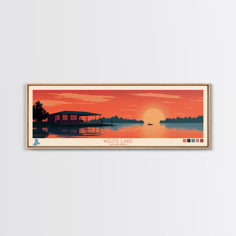 Weiss Lake, Alabama Framed Canvas Print, Panoramic Lake House Art, Midcentury Modern Decor, Pop Art, Travel Poster, Bedroom Wall Art