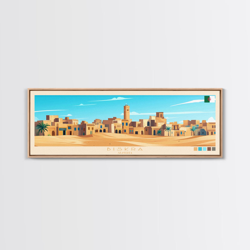 Biskra, Algeria Panoramic Travel Poster Canvas Print, Biskra, Algeria Painting, Algeria Art, Biskra Travel Art, Guest Room Painting