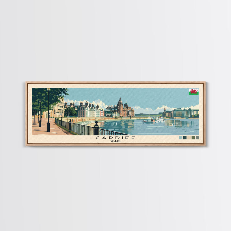 Cardiff, Wales Panoramic Canvas Print, Cardiff, Wales Painting, Wales Art, Cardiff Travel Poster, Travel Art, Guest Room Painting