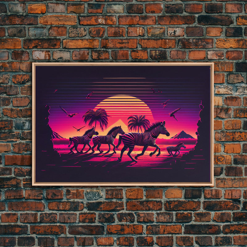 Zebra running through the plains, synthwave art, framed canvas print, framed wall art