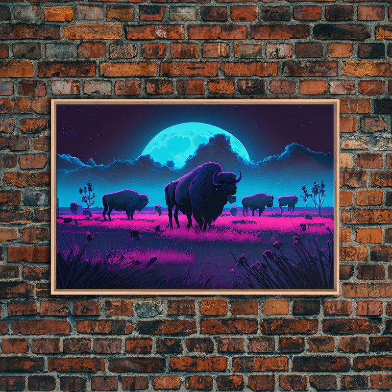 American Buffalo, Retrowave art, herd of Bison and a full moon, framed canvas print