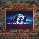 Wild horses running in the moonlight, vaporwave art, framed canvas print
