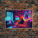 Jacked In - VR headset art, synthwave framed canvas print, cool office art