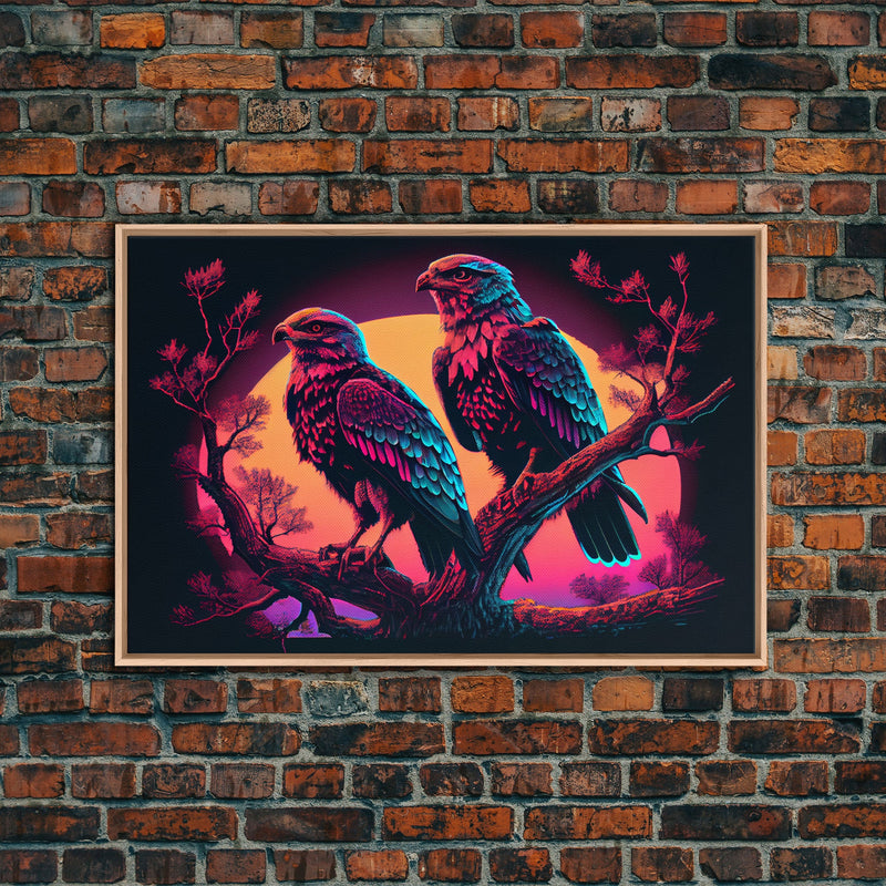 Birds of Prey at sunset, Hawks on a branch, framed canvas print