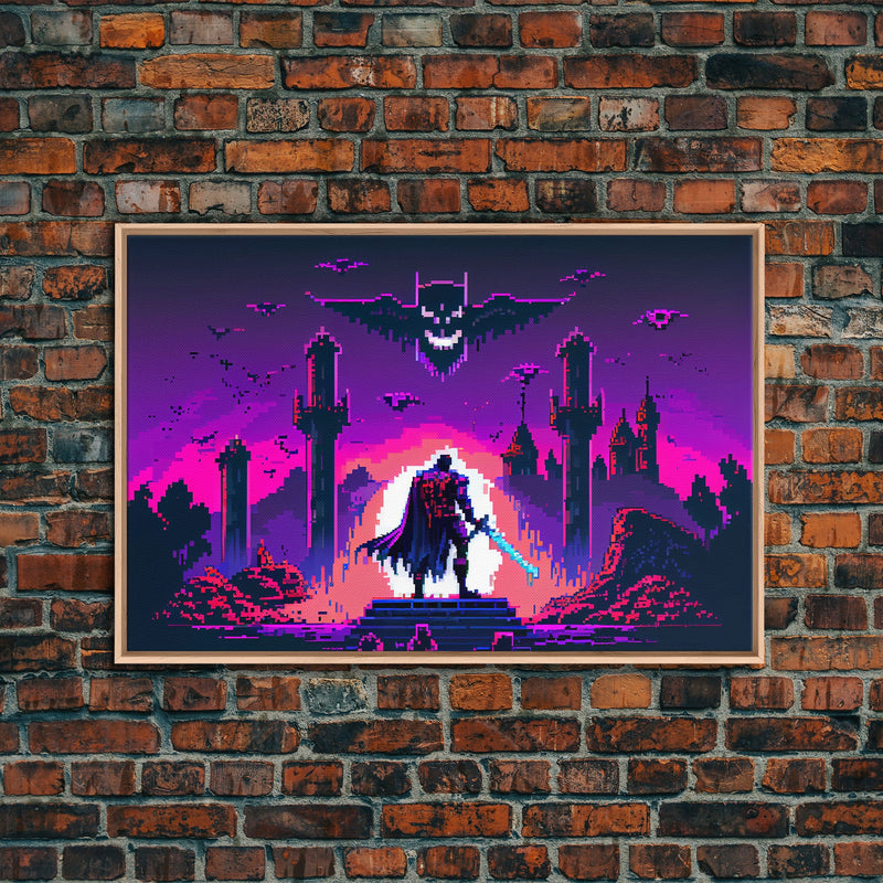 Barbarian vs Vampires, pixel art, DND RPG concept art, vaporwave aesthetic gamer room art, framed canvas print