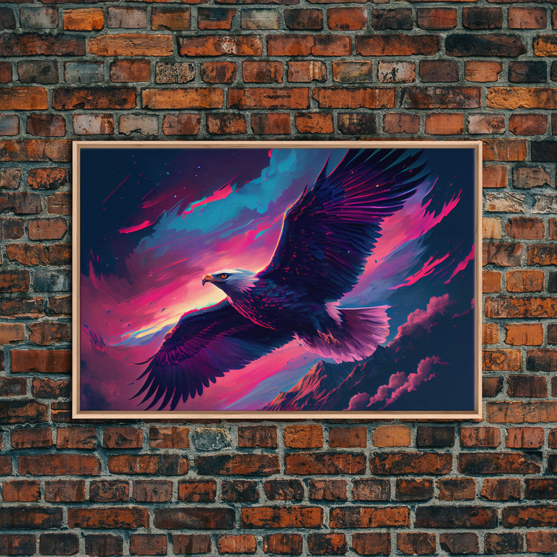 Bald eagle in flight, vaporwave aesthetic art, eagle against a pastel sunset sky, framed canvas art, framed print