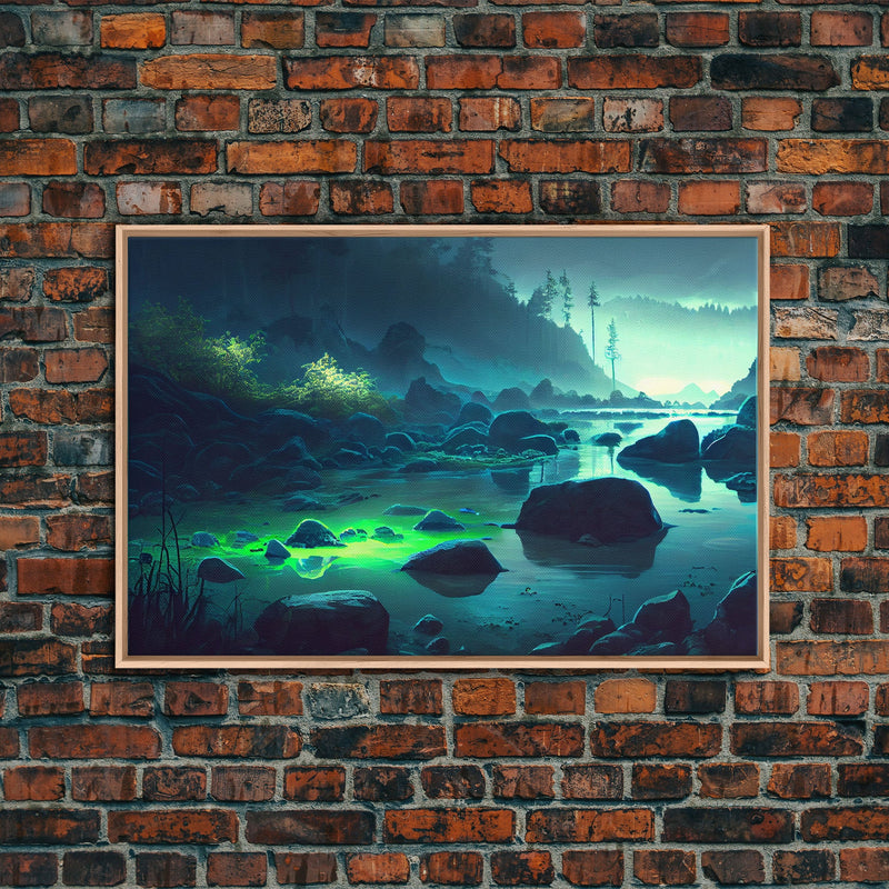 Bioluminescent glowing river, cool nature watercolor art, framed canvas print