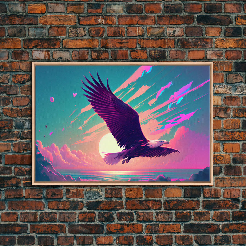 Bald eagle in flight, vaporwave sunset, vaporwave art, framed canvas print, pink and turquoise art