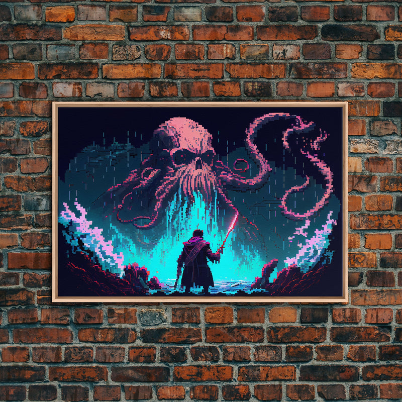 Warrior Vs Cthulhu, RPG concept pixel art, framed canvas print, outrun video game art