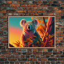 Cute Koala bear at sunset, vaporwave animal art, framed canvas print, framed wall art, ready to hang