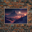 Mt. Everest Art, full moon over a mountain landscape, watercolor, framed canvas print, unique wall art